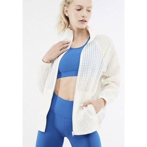 Fabletics Cleo Lightweight Sheer Cream Grid Gingham Windbreaker Jacket Women's L - Picture 2 of 9
